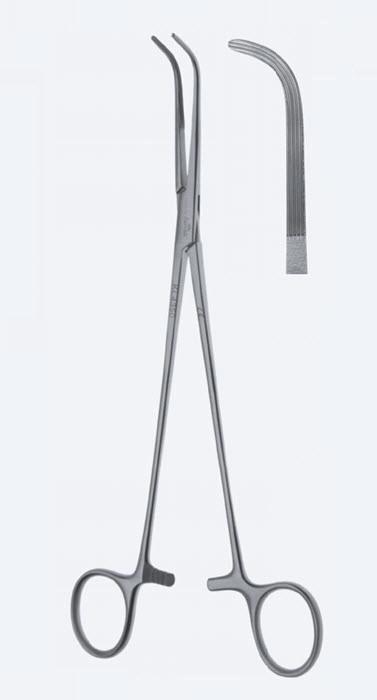 Зажими, дисекційні та лігатурні, Lahey, стандарт, вигнуті, зубчасті щелепи, з кремальєрою, загальна довжина 230 мм. Бренд - Asanus Medizintechnik Gmb, Німеччина